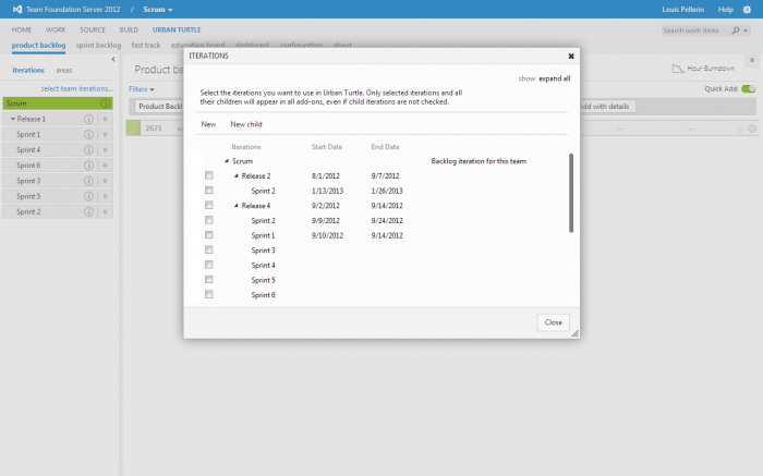 Iterations Dialog on the Product Backlog